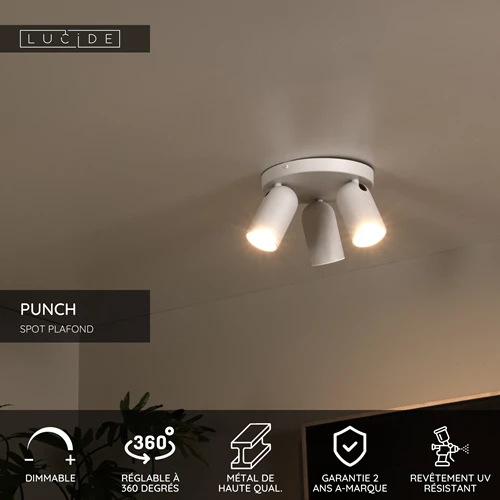 Lucide PUNCH - Spot plafond - Ø 21 cm - 3xGU10 - Blanc - USP